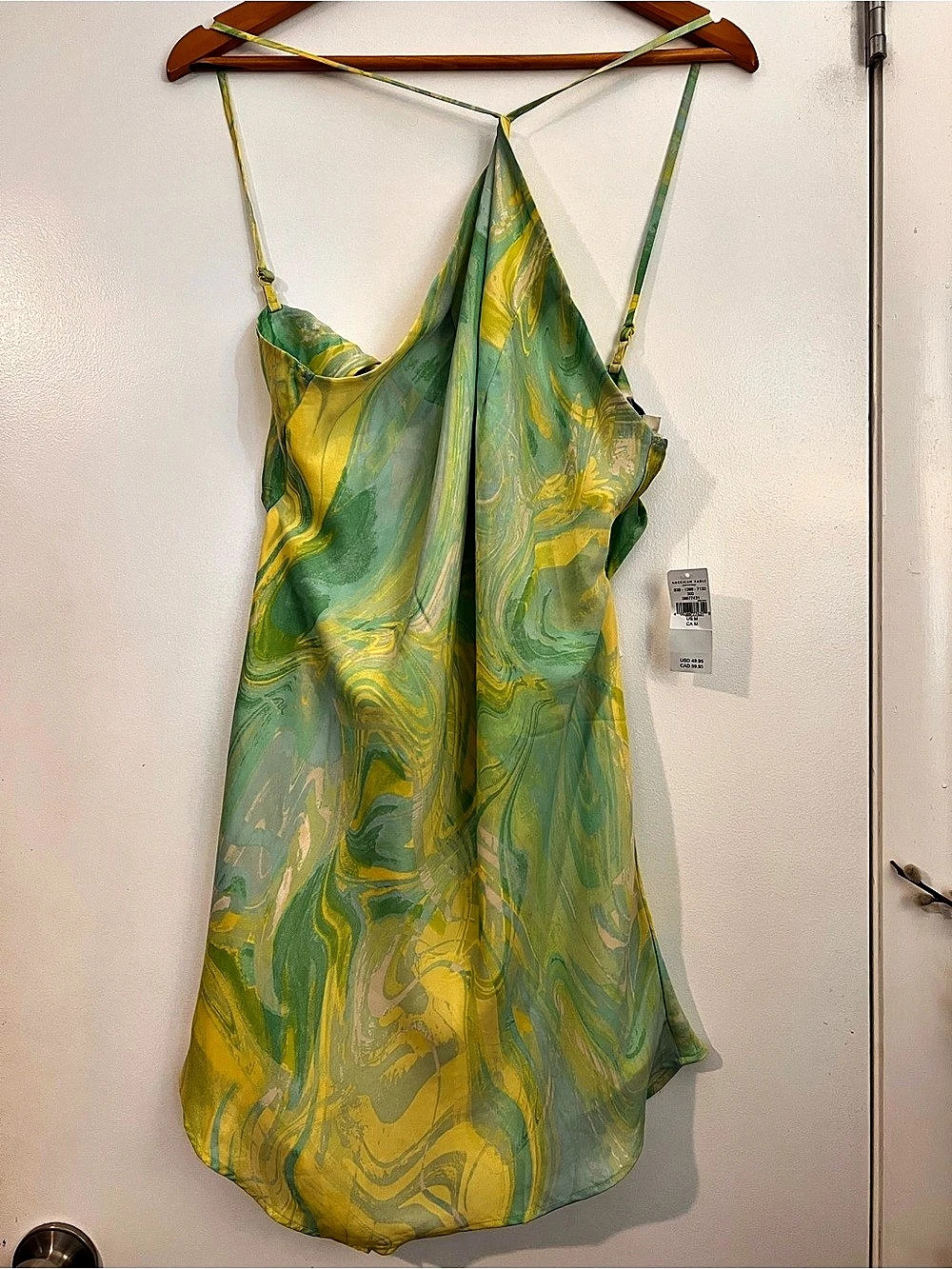 American Eagle AE Satin Mini Dress Abstract Satin Mini Dress in Green & Yellow